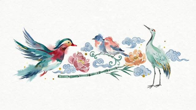Watercolor mandarin duck, crane, and small birds with flowers isolated on a transparent background