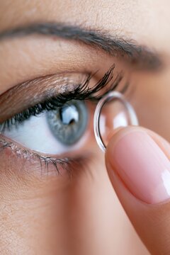 Woman inserts contact lens into her eye in a bright indoor setting during the daytime
