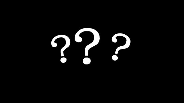 Three white question marks with dots below them are displayed against a solid black background creating a stark visual contrast with a simple style and a sense of inquiry or confusion