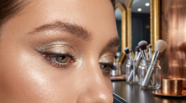 Close-up of glamorous eye makeup with shimmering eyeshadow and radiant highlighter.