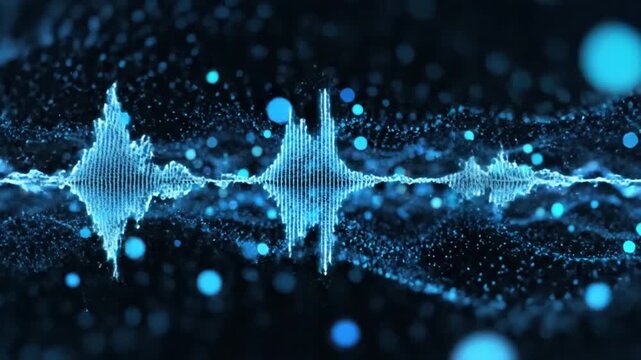 Abstract Digital Sound Wave Background with Glowing Blue Particles and Bokeh Lights