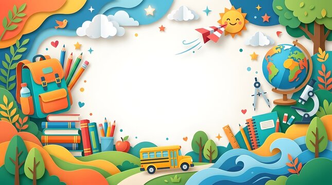 Back to school paper craft background with educational supplies and school bus in a colorful landscape illustration