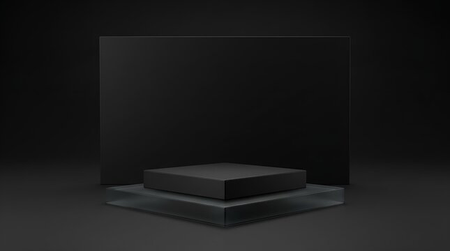 Black square product display stand with glass base on dark background