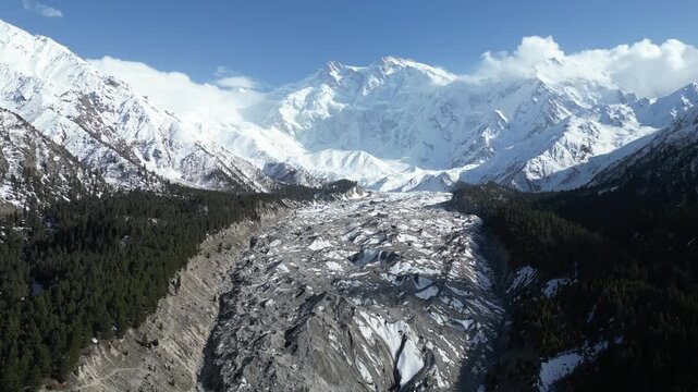 Aerial Drone View of Fairy Meadows Glacier Near Nanga Parbat Pakistan with Towering Snow Covered Peaks and Rugged Mountain Landscape
