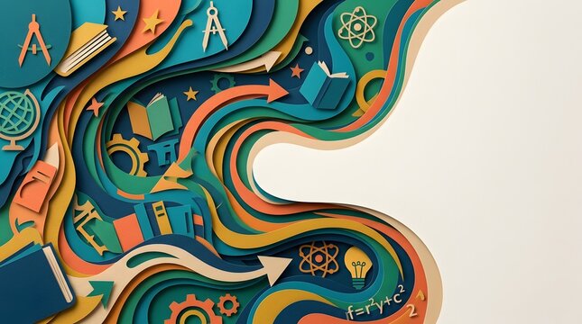 Abstract background with colorful flowing lines and education icons representing knowledge learning and creative school concepts