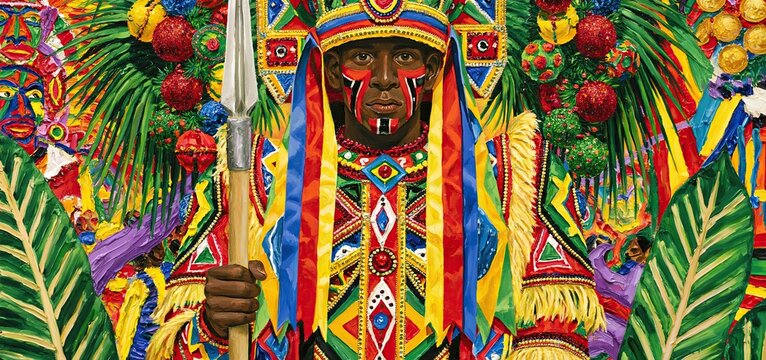 A traditional Brazilian warrior in colorful folk attire holding a spear, showcasing rich cultural heritage and festive details.