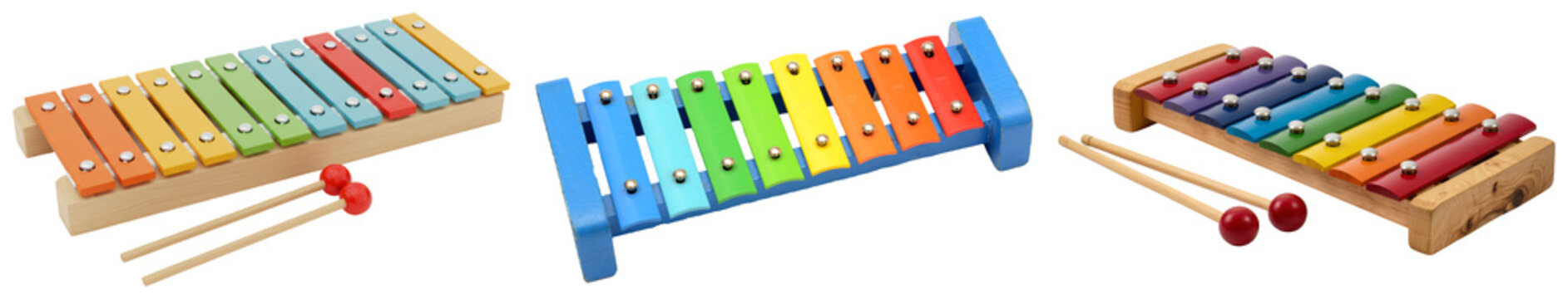 Set of colorful children's xylophones with mallets, vibrant musical instruments for early childhood education.