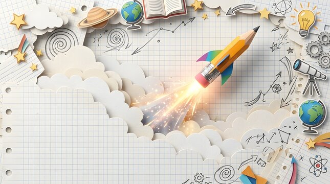 Creative concept of a pencil rocket launching from a notebook page with hand drawn space doodles