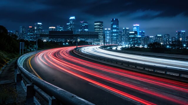 Dynamic long exposure shot of urban highway at night with blurred car light trails and city skyline.