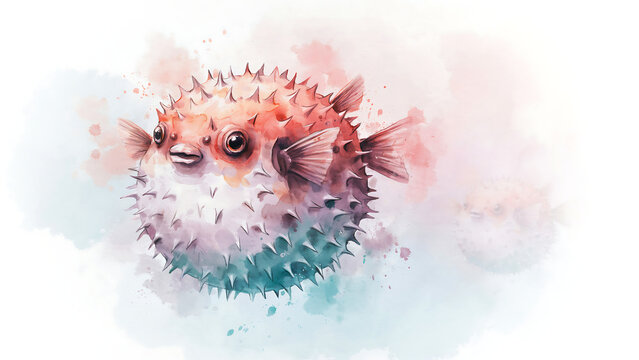 Watercolor painting of a cute puffer fish with spikes isolated on a transparent background