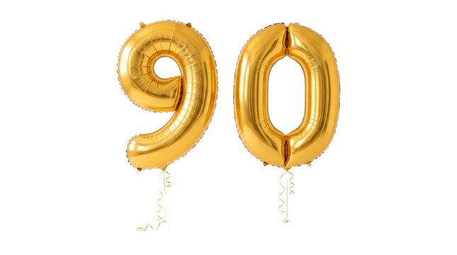 90 number ninety font golden balloon isolated on white transparent background