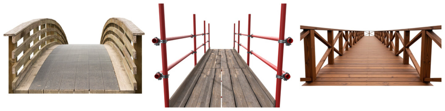 Various bridges and walkways, including wooden arch bridge, scaffolding path, and a long pier.