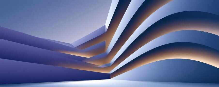 Abstract layered blue architecture with curved waves and soft glowing light in a modern interior