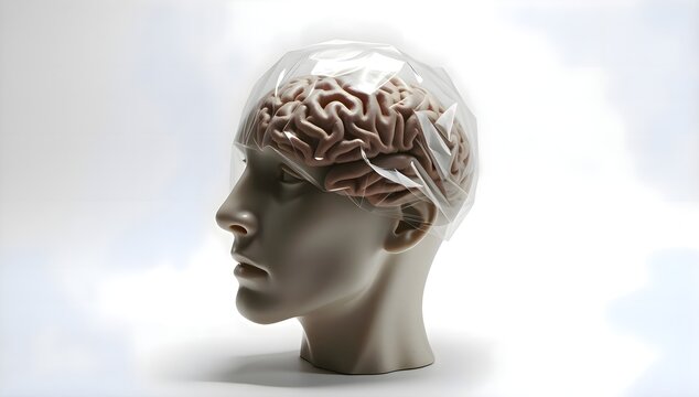 White mannequin head model covered with transparent clear plastic bag medical concept synthetic human portrait art