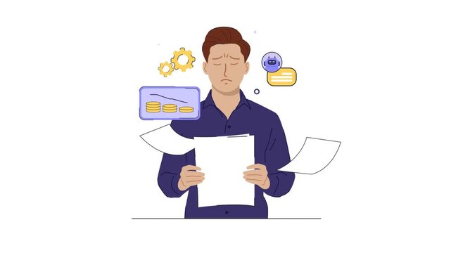 Businessman work stress with financial statements. Flat character animation