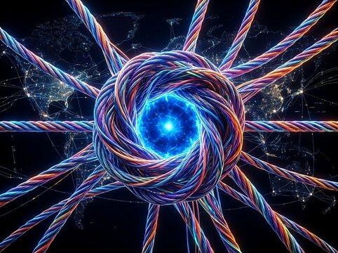 Global connectivity concept with fiber optic cables forming a central knot over a digital world map