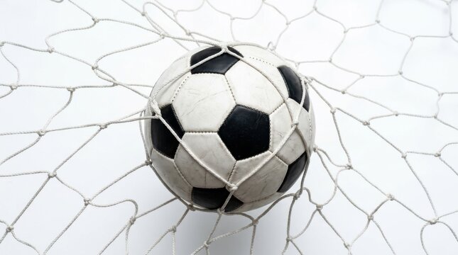 Soccer ball in the goal net isolated on white background