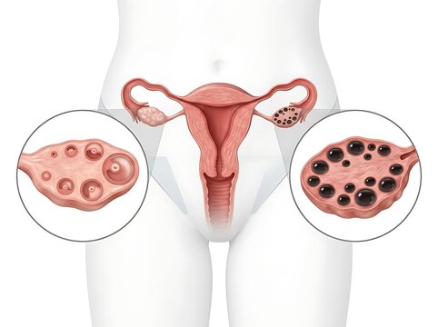 Medical illustration comparing a healthy ovary with normal follicle development to an ovary with polycystic ovary syndrome pcos