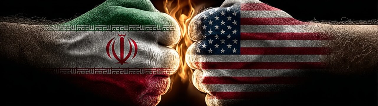 Flags ablaze: capturing conflict's essence. Fantastical figures. Ember line between iran and us flags. Advertising photo. Vibrant expression.
