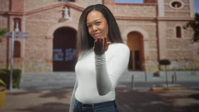 Woman in white long sleeve beckons with palm forward and curled fingers at a stone building entrance, smiling and pointing; playful invitation.