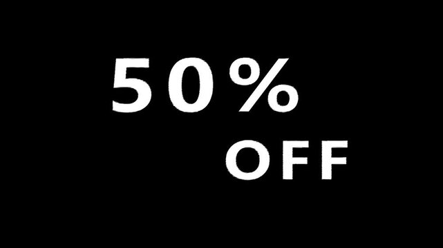 Bold white text clearly stating fifty percent off is presented centrally on a plain black background for marketing and retail sale announcements. Keywords: 50, percent, percentage, off, sale