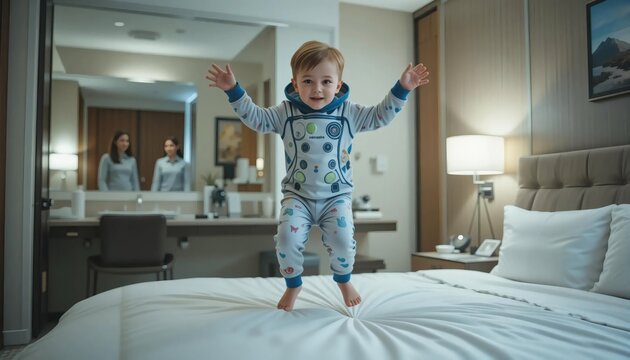 Happy toddler jumping on hotel bed