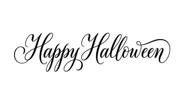 Elegant black calligraphy text design featuring the words happy halloween isolated on a clean white background for seasonal holiday cards