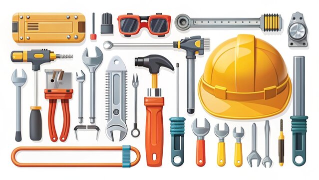 Flat vector illustration of construction tools, yellow hard hat, hammer, wrenches, white background
