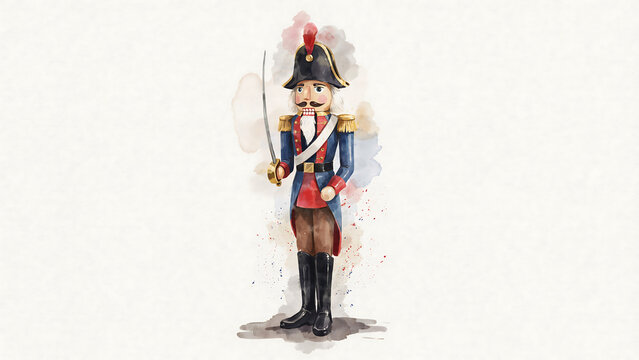 Watercolor painting of a soldier nutcracker holding a sword isolated on a transparent background
