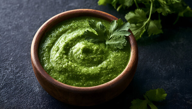 Green salsa verde sits in a brown wooden bowl on a dark surface. Fresh cilantro leaves garnish the spicy vegetable dip made from jalapeno pepper. Homemade Mexican sauce provides organic flavor for aut