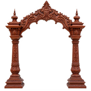 Exquisitely carved wooden archway isolated on transparent background, showcasing intricate traditional indian architecture and decorative design elements.