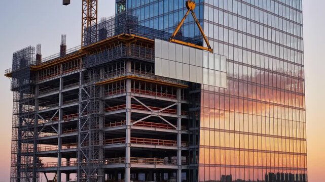 Modern skyscraper construction with glass facade installation at sunset