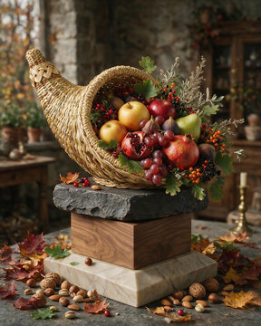 Elegant wicker cornucopia filled with pomegranates, apples, pears, figs, and grapes on a stone pedestal with autumn leaves and nuts. Thanksgiving harvest concept.
