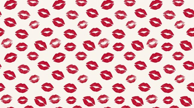 Lipstick kiss seamless pattern with red lip prints on cream background for Valentine's Day and cosmetics design