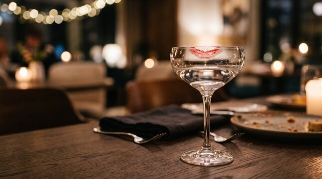 Red lipstick kiss mark on cocktail glass on restaurant table for romantic date night dining and nightlife