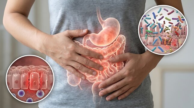 Illustration of human digestive system with gut microbiome and intestinal lining cells