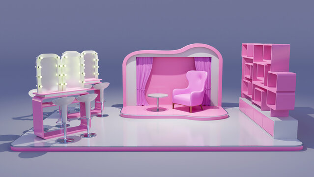 3d illustration stand booth 6x4 m beauty cosmetic decoration preview with backdrop photo blank logo company, rack display and make up area for event exhibition. High resolution image.