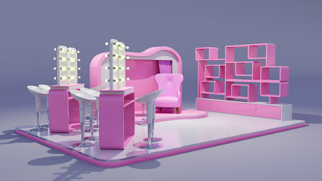 3d illustration stand booth 6x4 m beauty cosmetic decoration preview with backdrop photo blank logo company, rack display and make up area for event exhibition. High resolution image.