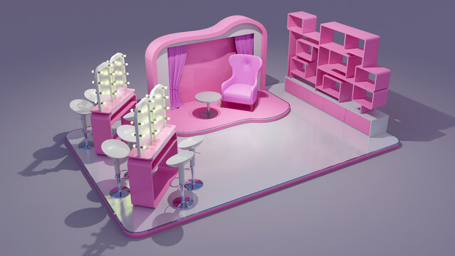 3d illustration stand booth 6x4 m beauty cosmetic decoration preview with backdrop photo blank logo company, rack display and make up area for event exhibition. High resolution image.