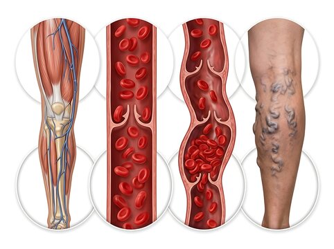 Anatomy of varicose veins showing healthy and damaged vein valves with blood flow and physical appearance on a human leg