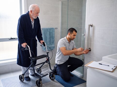 Handyman installs grab bar in shower for senior man with walker