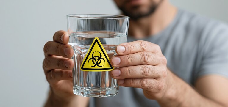 Hand holding glass of tap water with warning about chemical pollutants and water safety risks.