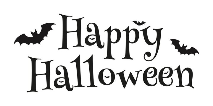 Happy Halloween text design in spooky decorative font with bats integrated into letters, festive black typography