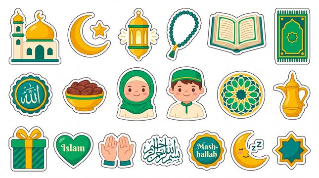 Islamic Ramadan sticker set with 20 religious icons, cute Muslim character illustrations, green and gold Eid Mubarak decorative elements