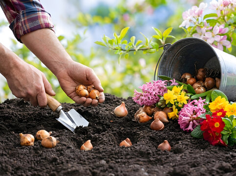 Gardener Planting Flower Bulbs in Rich Soil | Hands Planting Spring Flower Bulbs with Trowel | Close Up Gardening Concept Planting Flowers | Gardener Holding Bulbs in Soil Garden Setup