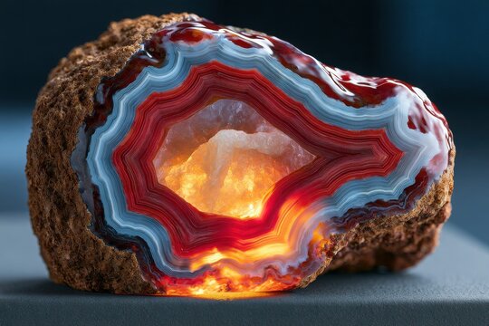 A glowing agate geode cross-section reveals vibrant red and white.