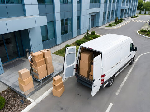Courier Loading Cardboard Boxes into Delivery Van | Commercial Cargo Van Delivery Process Outside Office | Express Shipping Service Loading Boxes | Moving and Transportation Service Concept