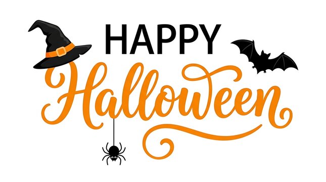 Decorative happy halloween greeting card design featuring a witch hat and a bat isolated on a clean white background backdrop