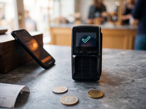 Close-up of glowing card reader with approved payment checkmark