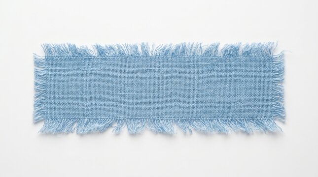 Blue linen fabric strip with frayed edges isolated on white background